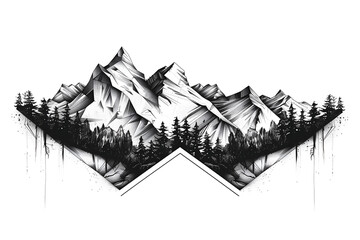 Outline tattoo illustration of mountains. Isolated hand drawn adventure prints.