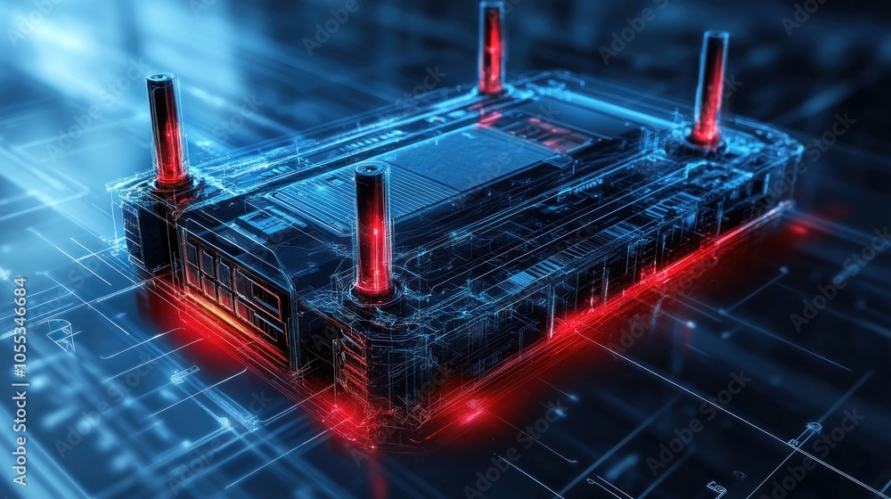Aufkleber abstract wired device with red glowing elements on a blue circuit board