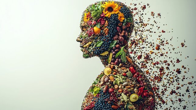 human body shape super food Human form composed of colorful fruits and flowers