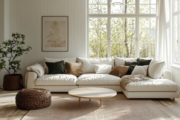 Minimalist, a Scandinavian interior in a bright living room with windows visible and sofas and tables. Generative AI

