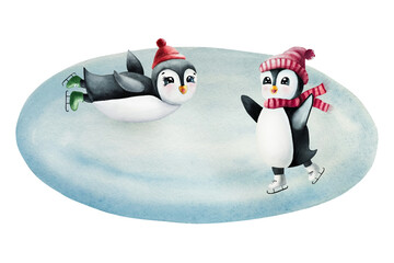 Cute smiling penguins skates on ice rink. Winter, christmas sport lesson. Learn to Ice Skate, watercolor hand painted illustration isolated on background. For designers, decoration, shop, for postcard
