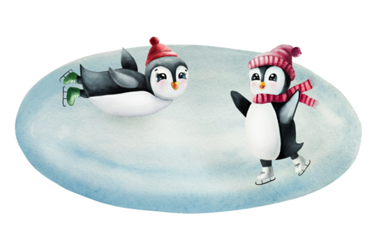 Cute smiling penguins skates on ice rink. Winter, christmas sport lesson. Learn to Ice Skate, watercolor hand painted illustration isolated on background. For designers, decoration, shop, for postcard