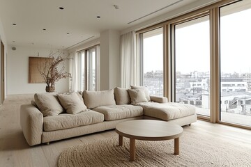 Fototapeta premium Minimalist, a Scandinavian interior in a bright living room with windows visible and sofas and tables. Generative AI 