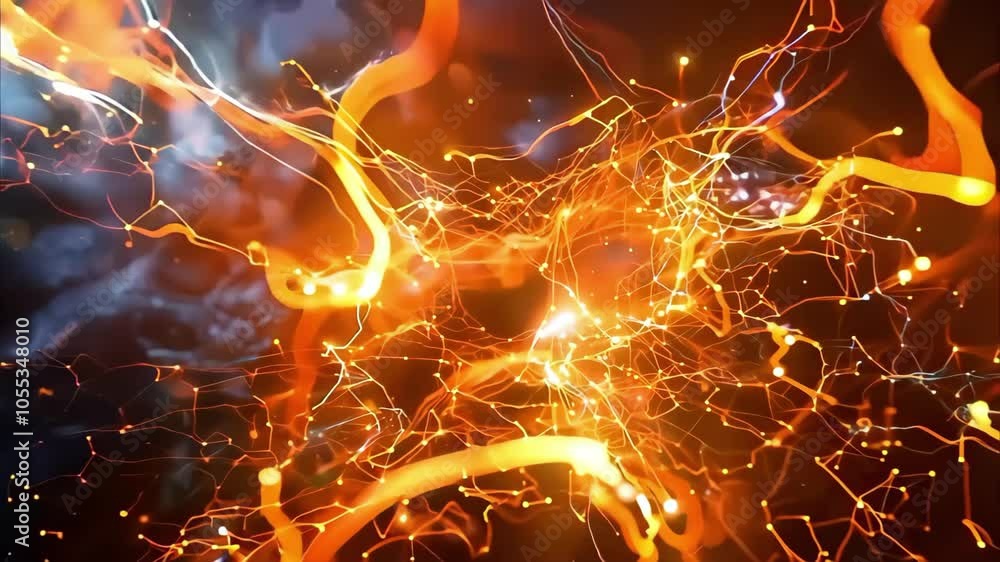Poster an abstract representation of neural connections, showcasing glowing, intertwining fibers and dynami