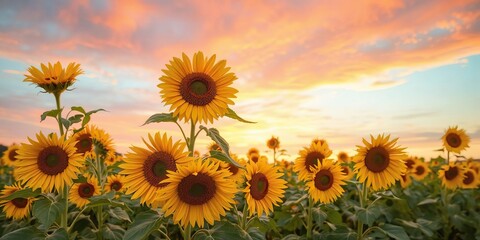 Obraz premium Beautiful sunflowers blooming in a vibrant orange and pink sunset sky over an agriculture field, colorful, blossoms, sunset