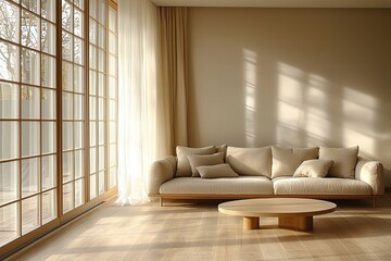 Obraz premium A mid century modern interior in a bright living room with plaid windows and sofas and tables. Generative AI 