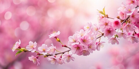 Blooming cherry blossoms against a soft pink background with subtle branches and leaves, tree, vibrant, bloom, branch, cherry blossom