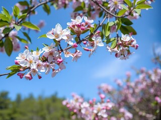 Obraz premium Blossoming tree branch with pink and blue flowers against clear sky, pink, sky