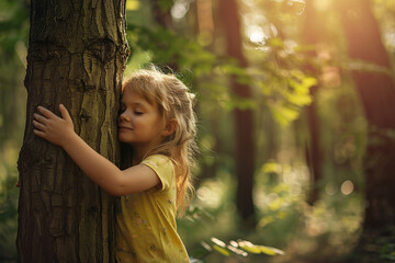 Kid girl hugs tree in peaceful forest. Protecting planet concept