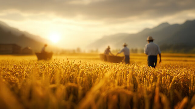 Golden fields of rice with workers harvesting at sunset, creating serene and productive atmosphere