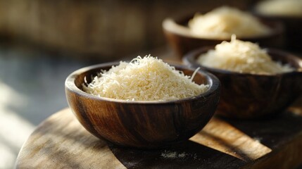 Grated Parmesan Cheese. Appetising Closeup of Cheese in Brown Bowl on Wooden Board
