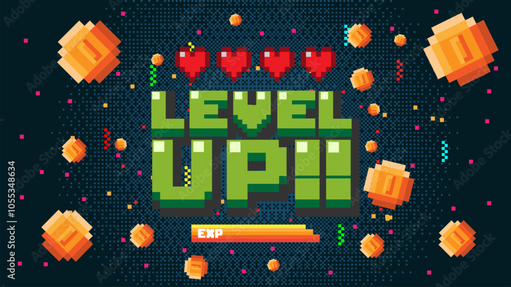Poster level up text with gold coin ,with life hearts indicator on blue background.pixel art .8 bit game.re
