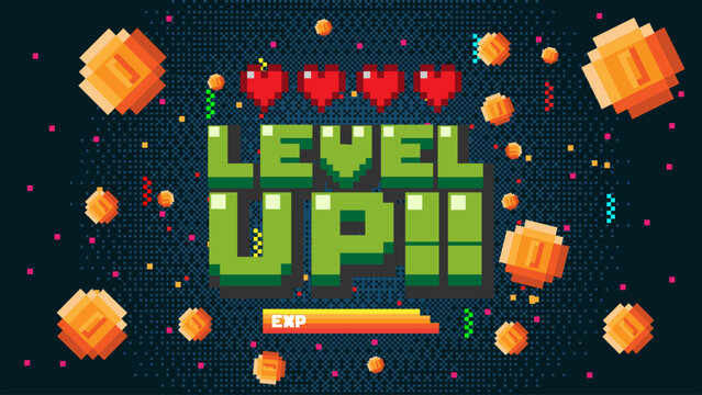LEVEL UP text with gold coin ,with life hearts indicator on blue background.pixel art .8 bit game.retro game. for game assets in vector illustrations.	