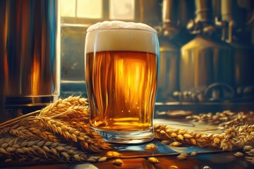 Hops And Barley. Brewery Beer Glass with Foam in Brewery Background