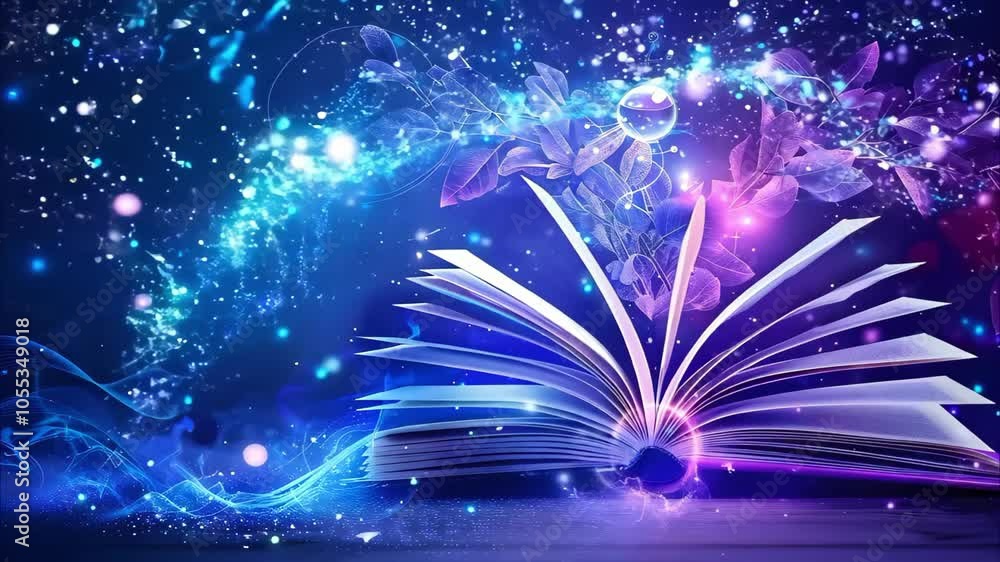 Poster an open book with glowing effects and colorful light swirls, creating a magical, whimsical atmospher
