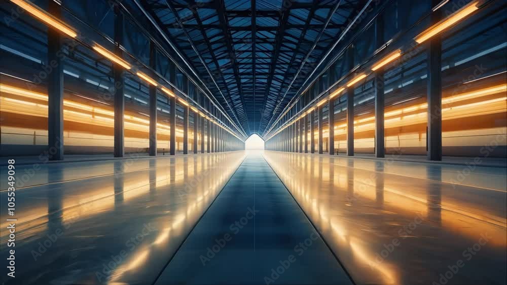 Poster a dramatic view of a long, illuminated corridor with bright lights converging towards a distant exit