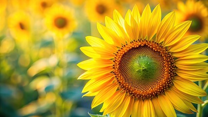 Obraz premium Close-up of a single bright yellow sunflower facing the camera with gentle petals, closeup, morning, bloom, nature, sunny
