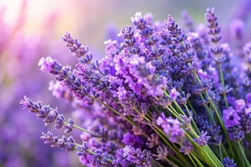 Obraz premium Close-up of delicate purple lavender flowers in a lush bouquet surrounded by greenery, gardenia, floral arrangements