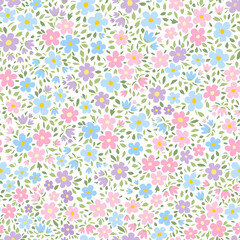 Vector illustration. Seamless Ditsy floral pattern of delicate small pink, blue, purple flowers on a white background. Liberty Floral pattern, field of flowers, print for fabric, textile, wallpaper