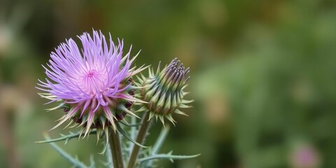 Close-up shot of spiny plumeless thistle (carduus acanthoides) with sharp spikes and purple flowers in bloom, spiny plumeless thistle, plant, thorny