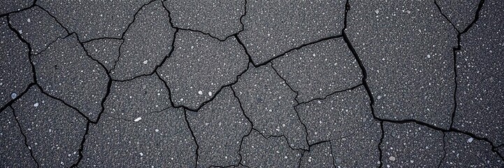 Fototapeta premium Close-up shot of textured asphalt surface with cracks and bumps in black color, background, abstract, backdrop