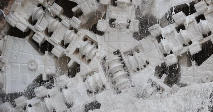 Tunnel boring machine(TBM) head on display at subway construction site ,underground infrastructure transportation