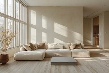 Scandinavian interiors in bright living rooms with windows and sofas and tables. Generative AI
