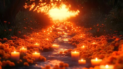 Pathway Illuminated with Candles and Adorned with Flowers