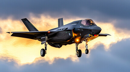 Fototapeta premium F-35 fighter jet silhouette against dusky sky, landing lights visible