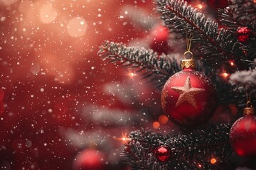 Christmas tree with red ornaments and golden stars, red background with bokeh lights