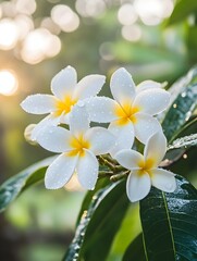 Obraz premium Vibrant plumeria flower with raindrops on a bokeh background