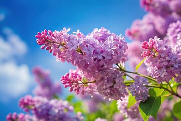 Obraz premium delicate purple lilac flowers on a branch against a blue sky, outdoor scene, sky