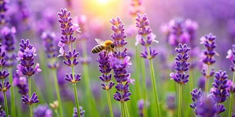 Obraz premium Delicate purple lavender blooms in a lush green meadow with a few wild bees buzzing around, flowers in the meadow, peaceful, landscape, purple, wildflowers