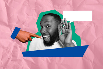 Composite photo collage of happy american guy listen ear secret tattles communication bubble gossip...