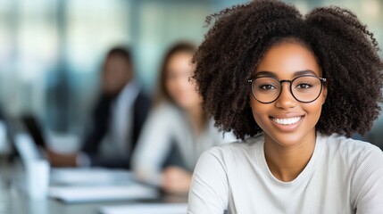 A confident young woman smiles while participating in a creative workshop at a modern office space