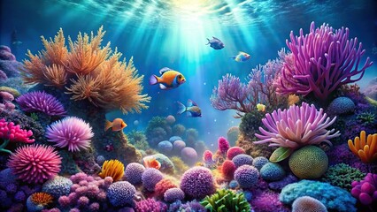 Obraz premium A colorful coral reef teeming with slimy sea anemones and fish in shades of turquoise and purple, marine biology, ocean creatures, sea life, anemone, fish species