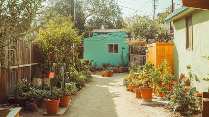 A narrow, sunny alleyway lined with potted plants and flowers.
