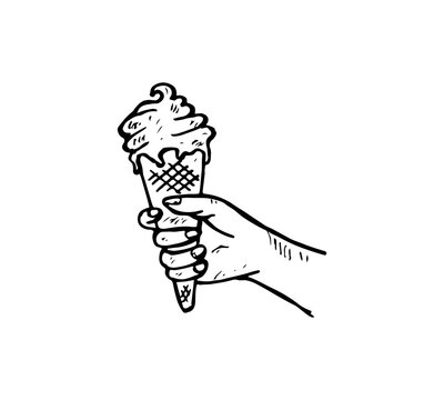 Hand-holding ice cream cone cartoon doodle illustration drawing.