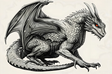 Portrait of a fantasy dragon tattoo sketch illustration. Isolated hand drawn animal prints.