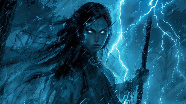 Fantasy anime-style illustration of an evil female dark elf with glowing eyes and long black hair holding a lightning staff, Generative AI