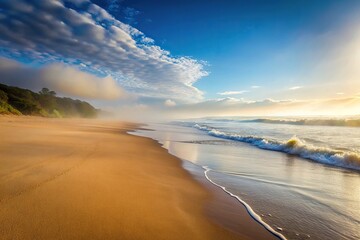 Early morning on a deserted beach with mist rising from the sand, mist, beach scene, waves