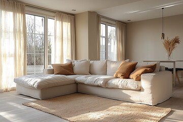 Fototapeta premium Minimalist, modern Scandinavian interiors in living rooms with sofas and tables. Generative AI 