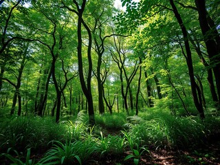 Fototapeta premium Fresh green grass seed sprouting in the lush primeval forest with sunlight filtering through the dense canopy, natural, nature, growth