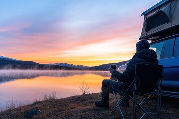 Fototapeta premium Person enjoys serene lake sunrise from car rooftop tent