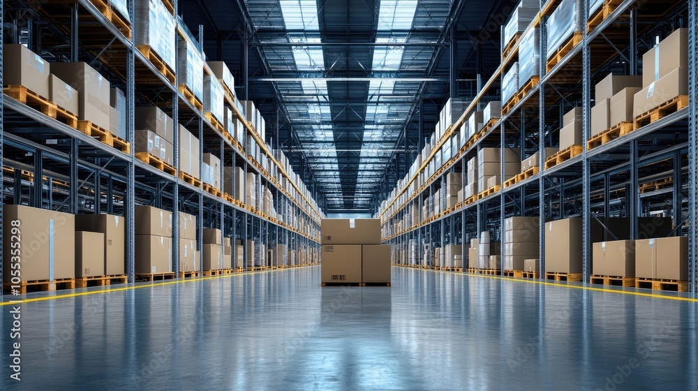 Poster a large warehouse with rows of shelves. the image can be used to illustrate the concept of storage a