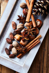 Christmas decoration on rustic wooden background. Top view.