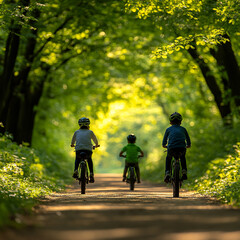 Capture the joy of childhood as kids ride their bicycles down a serene forest path immersed in nature's beauty