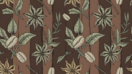 Seamless pattern with coffee beans and anise stars isolated on brown