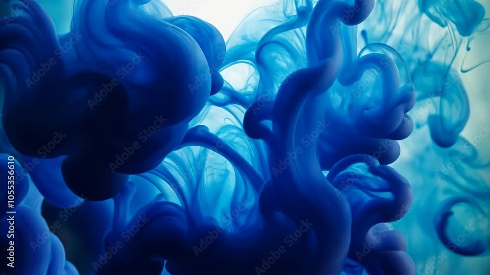 Poster blue ink swirls and dances in a clear liquid, creating an abstract and mesmerizing pattern