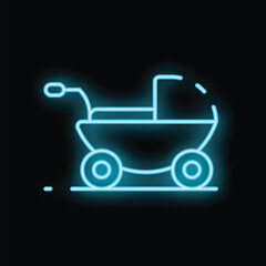 Blue neon icon of a baby stroller glowing on black background, simple icon for baby shop or delivery service